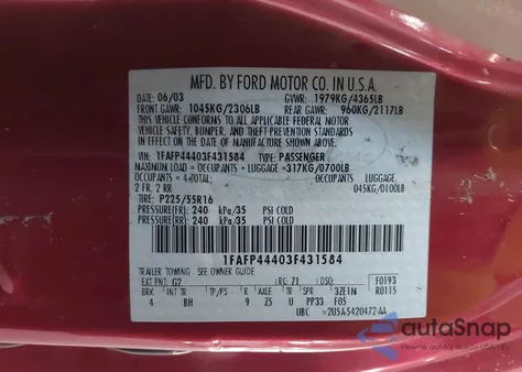 2003 Ford Mustang from USA, damaged, VIN 1FAFP44403F431584